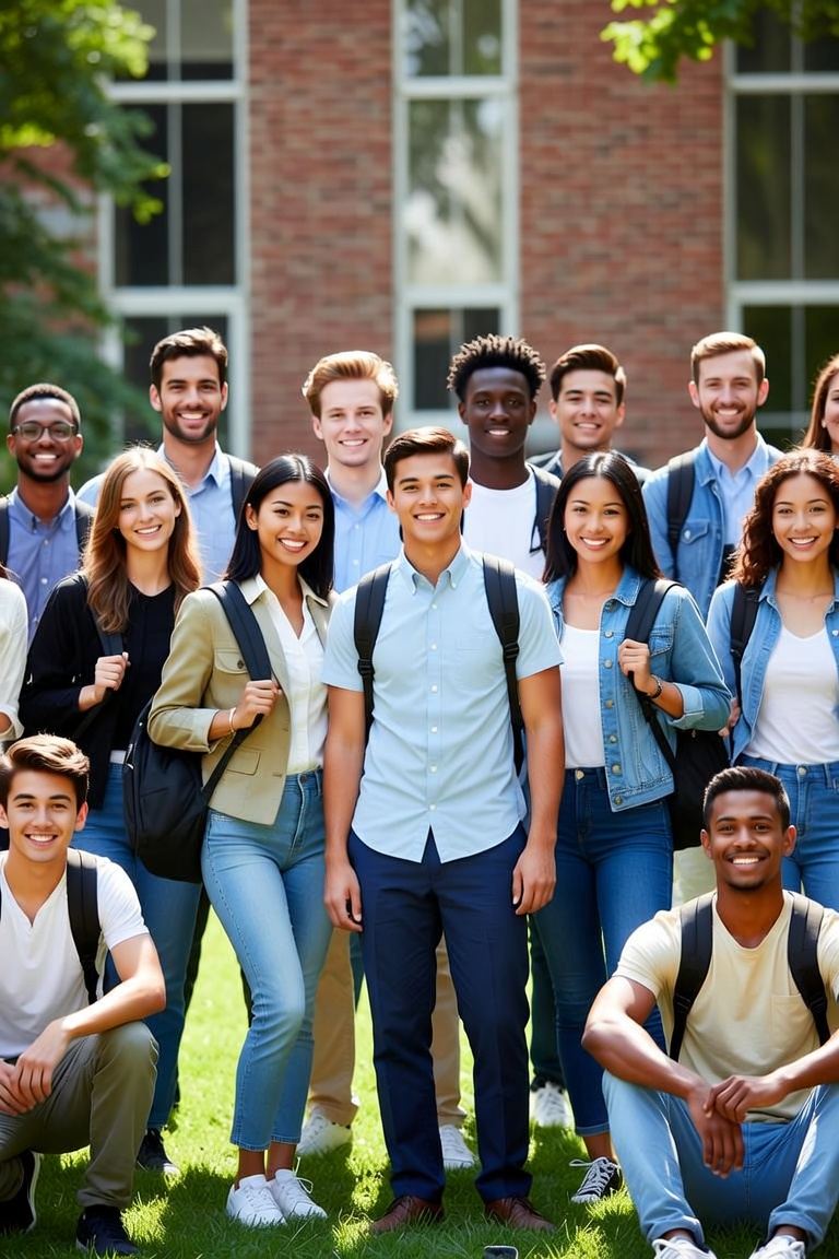 A diverse group of high school students smiling together outdoors on campus
